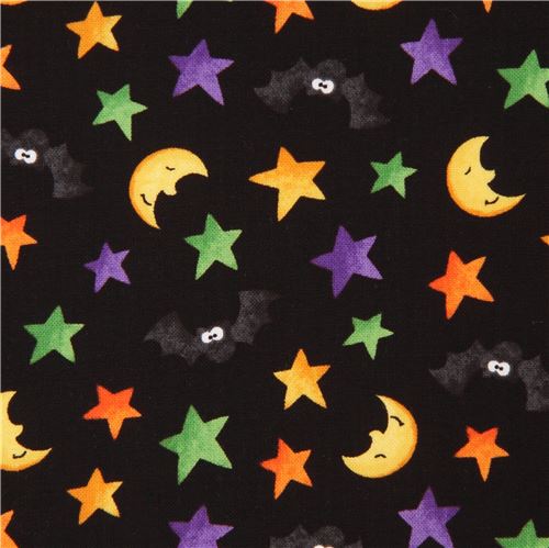 tessuto nero pipistrelli luna stelle colorate Happy Haunting Tessuto