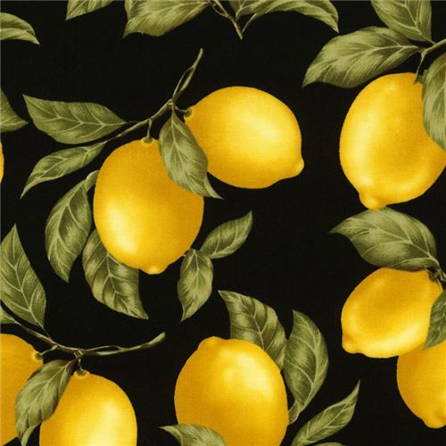 black cute yellow lemon green leaf fabric by Timeless Treasures from the USA Fabric