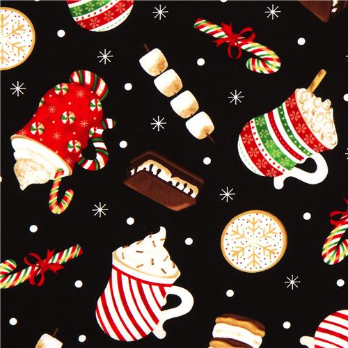 schwarzer Designer Weihnachtsstoff mit Weihnachtssüßigkeiten 1