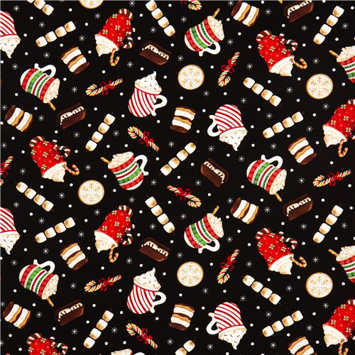 schwarzer Designer Weihnachtsstoff mit Weihnachtssüßigkeiten 2