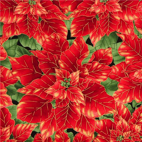 black designer Christmas fabric with red poinsettia 1