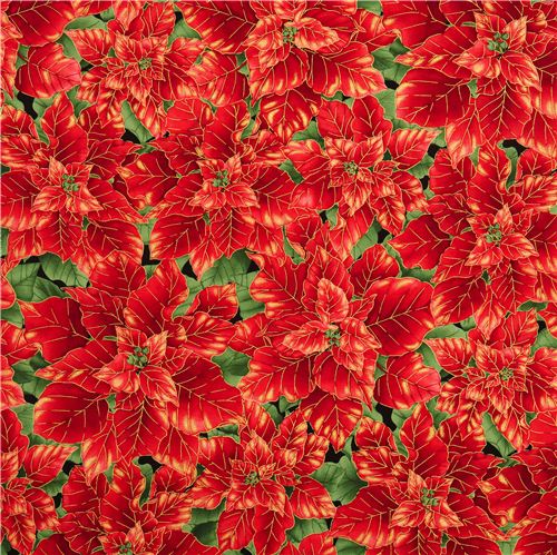 black designer Christmas fabric with red poinsettia 2