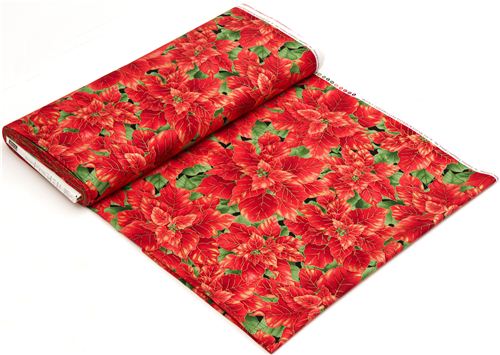 black designer Christmas fabric with red poinsettia 3