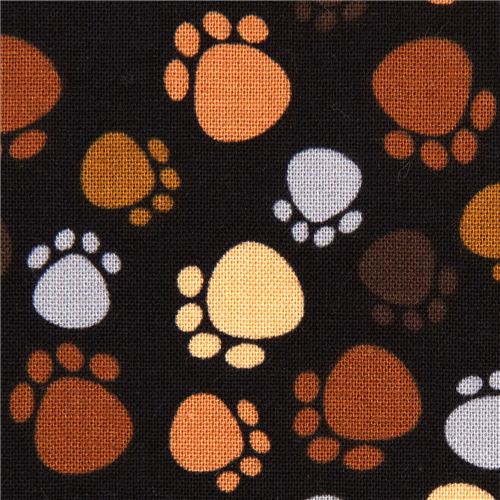 schwarzer Designer Stoff mit braunen Pfotenabdrücken Katze Stoff