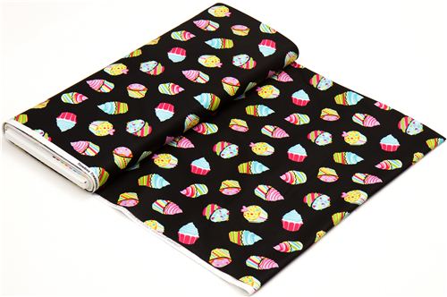 black designer fabric with colourful Party cupcakes hearts 3