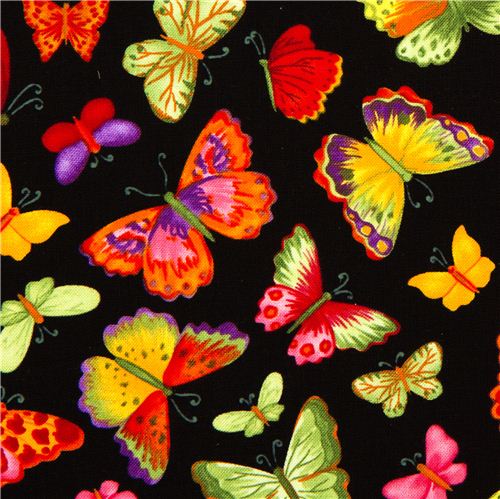 black designer fabric with colourful butterflies 1