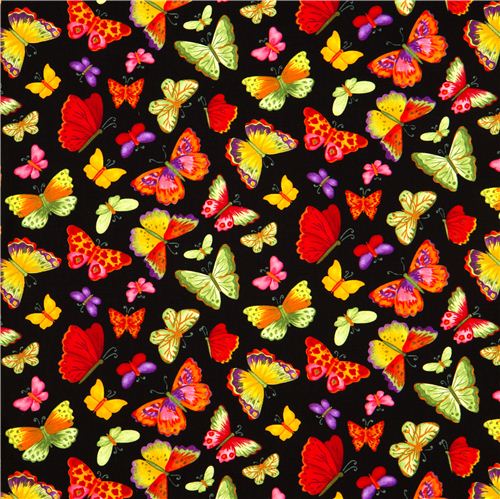 black designer fabric with colourful butterflies 2