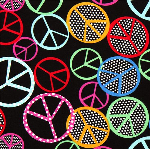 schwarzer Designer Stoff mit bunten Peace Zeichen & Punkten 1