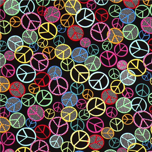 schwarzer Designer Stoff mit bunten Peace Zeichen & Punkten 2