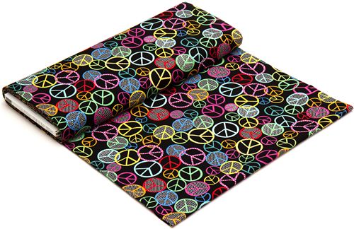 schwarzer Designer Stoff mit bunten Peace Zeichen & Punkten 3