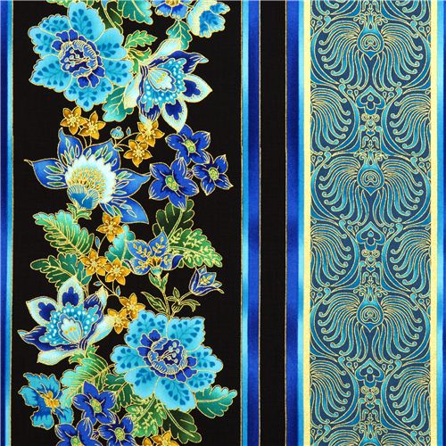black designer fabric with flowers & stripes from the USA Fabric