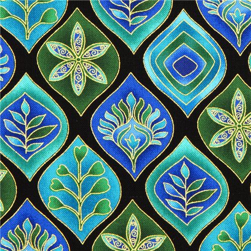 black designer fabric with ornaments & gold embellishments Fabric