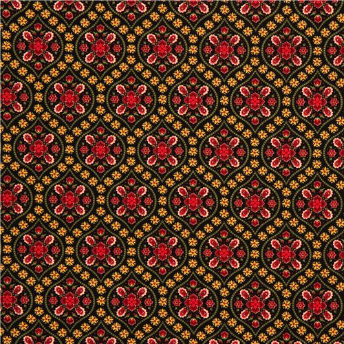 black designer fabric with red gold flower ornaments 2