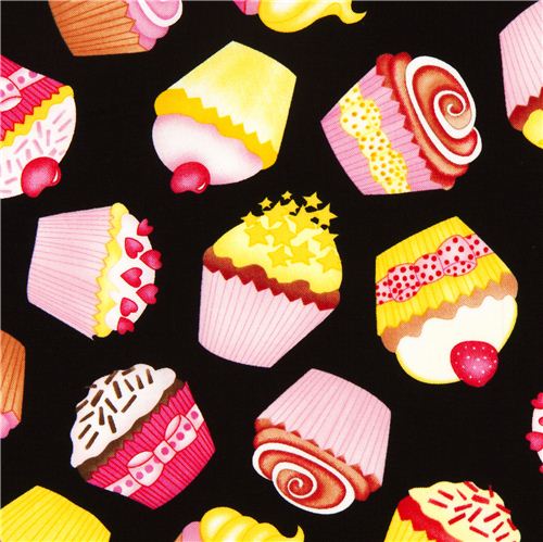 black designer fabric with tossed cupcakes USA 1