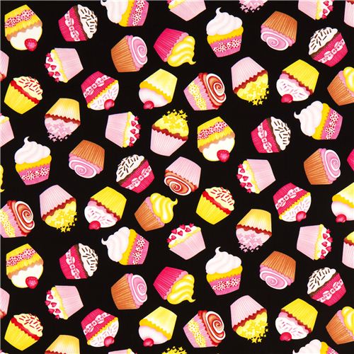 black designer fabric with tossed cupcakes USA 2
