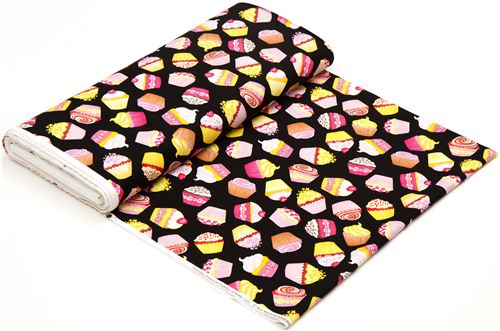black designer fabric with tossed cupcakes USA 3