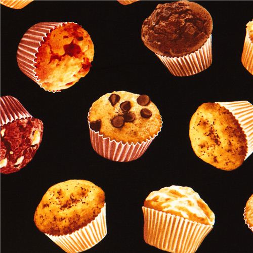 black designer fabric with tossed muffins pastry 1