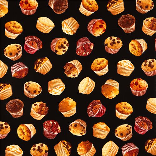 black designer fabric with tossed muffins pastry 2