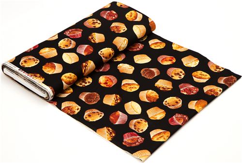 black designer fabric with tossed muffins pastry 3