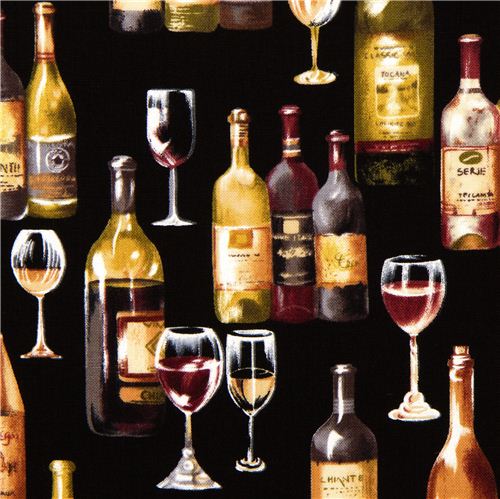 schwarzer Designer Stoff mit Wein Flasche Glas 1