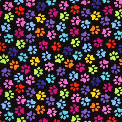 black designer flannel fabric with colourful paw prints 2