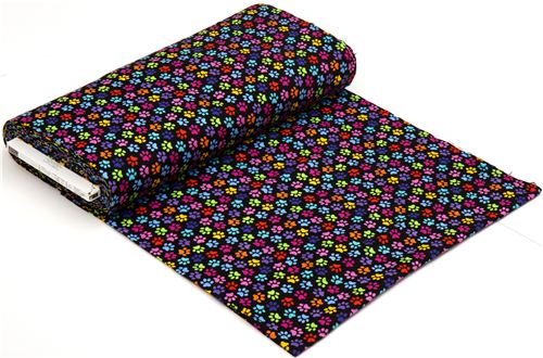 black designer flannel fabric with colourful paw prints 3