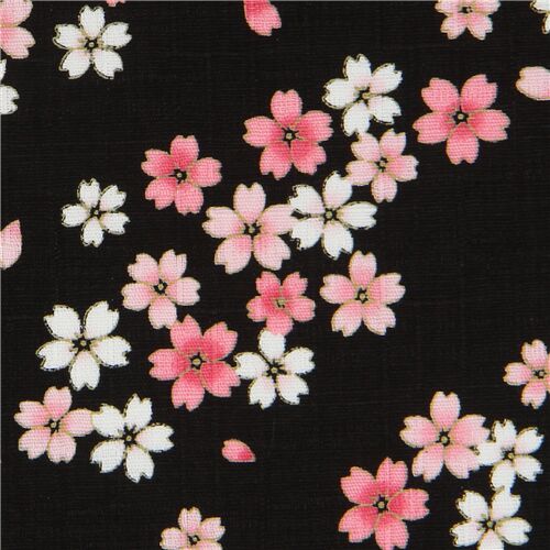 Tela japonesa tramada dobby en negro con pequeñas flores sakura Tela