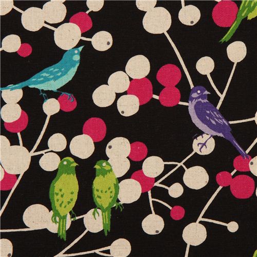 black echino birds and berries laminate fabric cherry Fabric