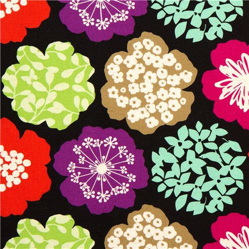 black echino canvas fabric colourful flowers du Japon1