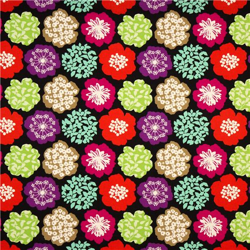 black echino canvas fabric colourful flowers du Japon2