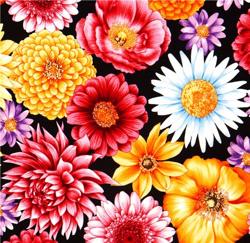 black fabric big colourful flowers Robert Kaufman 1
