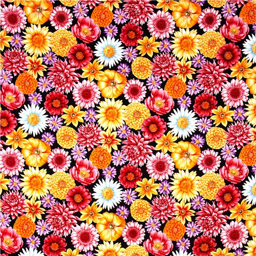 black fabric big colourful flowers Robert Kaufman 2