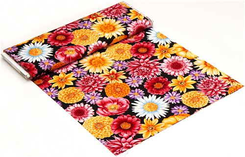 black fabric big colourful flowers Robert Kaufman 3