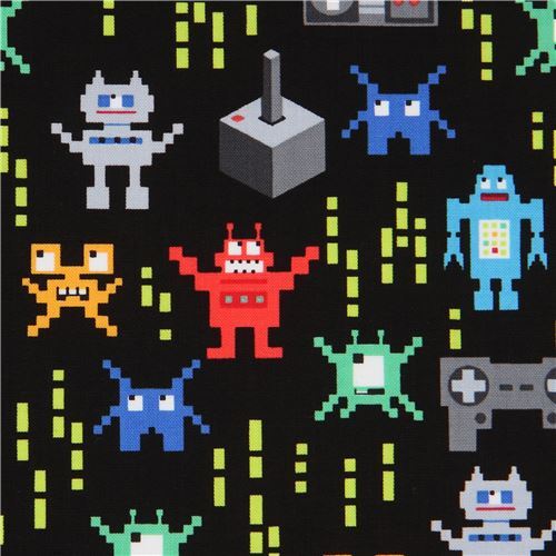 Tissu Timeless Treasures noir avec des extraterrestres de jeu vidéo multicolores Tissu