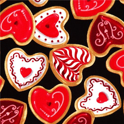 Tessuto nero con biscotti a forma di cuore di Robert Kaufman Tessuto
