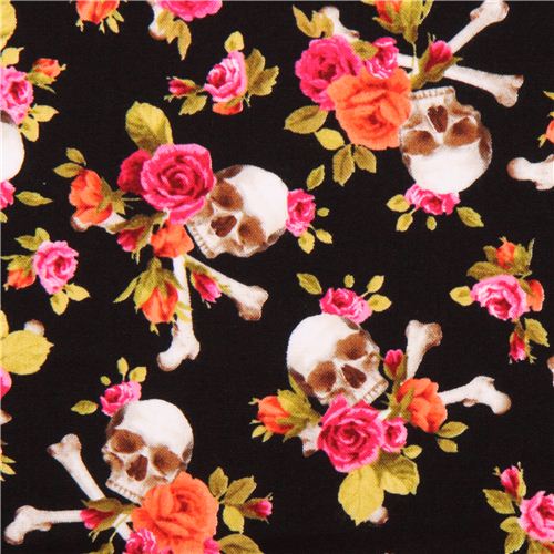 Tissu Michael Miller noir, fleurs orange-roses, crnes, os croiss, Charm Skull Tissu