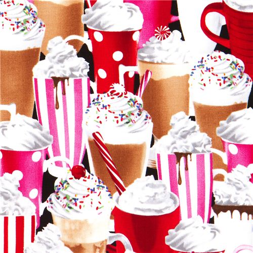 black fabric with cocoa cups whipped cream sprinkles Fabric