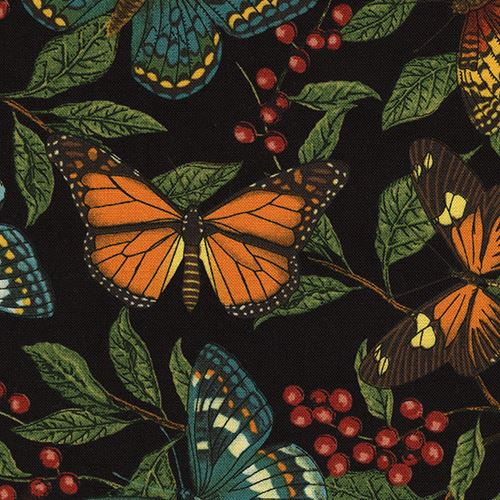 black fabric with colorful butterfly green leaf by Timeless Treasures Fabric