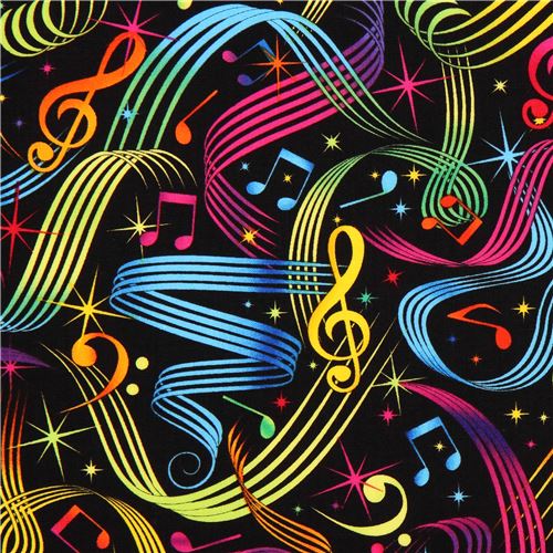 Schwarzer Stoff mit bunten Noten von Timeless Treasures Stoff