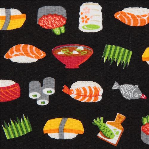 Tissu noir avec des sushis et des aliments multicolores, importé du Japon Tissu