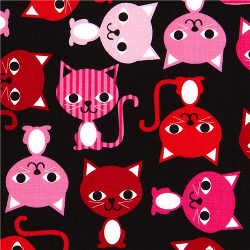 black fabric with colourful cats Robert Kaufman kawaii 1