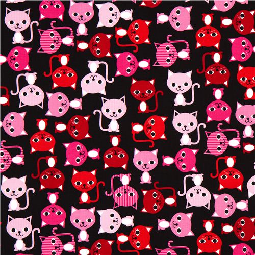 black fabric with colourful cats Robert Kaufman kawaii 2