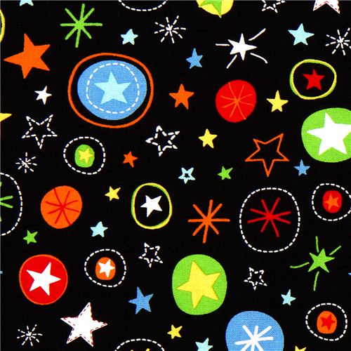 black fabric with colourful stars Robert Kaufman Fabric