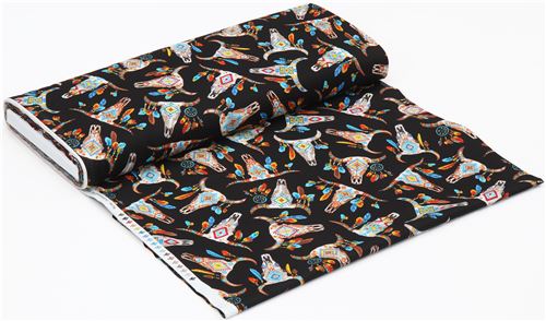Remnant (44 x 112 cm) - black fabric with cow skull animal longhorn by Timeless Treasures  3