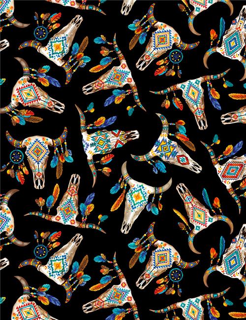 Remnant (44 x 112 cm) - black fabric with cow skull animal longhorn by Timeless Treasures  2
