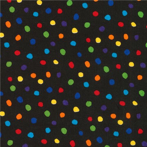 black fabric with mini rainbow polka dots by Robert Kaufman Fabric