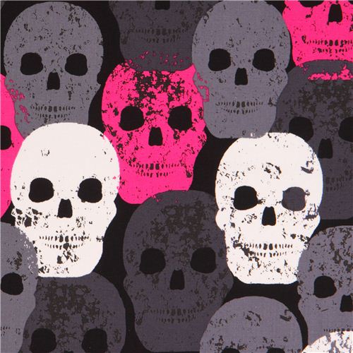 tessuto nero teschi rosa grigi bianchi 'Skull of Rock' Michael Miller  Tessuto