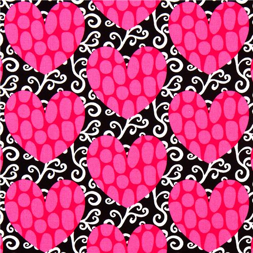 Tissu Robert Kaufman noir avec des c½urs roses Tissu