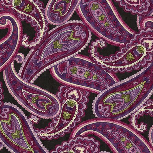 black fabric with purple paisley design by Timeless Treasures Fabric