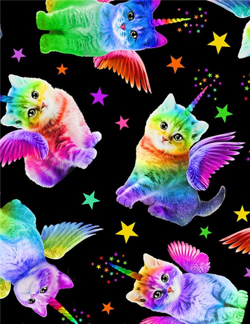 Tela negra con gatos unicornio alados con colores arcoiris de Timeless Treasures Tela